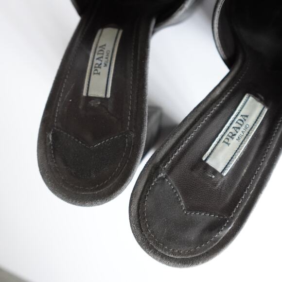 Prada Grey Suede Cutout Suede Peep Toe Platform Sandals - Picture 8 of 12